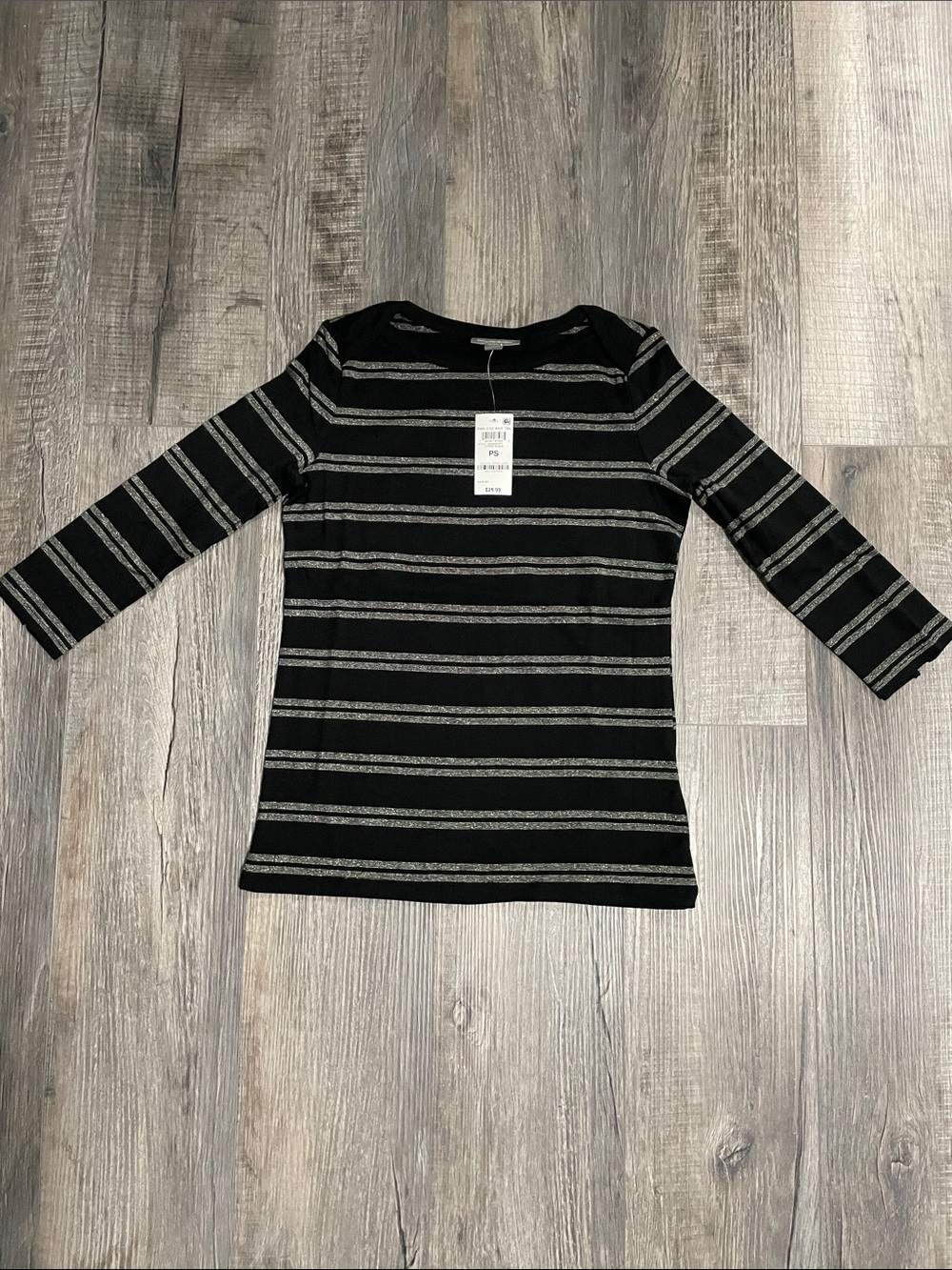 Style & Co Women's Black & Silver Striped 3/4 Sleeve Top
